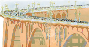 Illustration of bridge with people walking over it