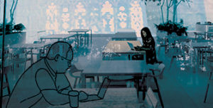 Illustration of man and female working on laptops in library or cafeteria