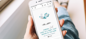 Finding God woman holding phone image copy