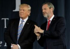 U.S. President Donald Trump (L) stands with Liberty University President Jerry Falwell, Jr. after delivering keynote address at commencement in Lynchburg, Virginia, U.S., May 13, 2017. REUTERS/Yuri Gripas - RC1EE4E00360